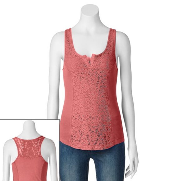 Mudd Lace Henley Tank - Juniors Coral (M) - Picture 1 of 11